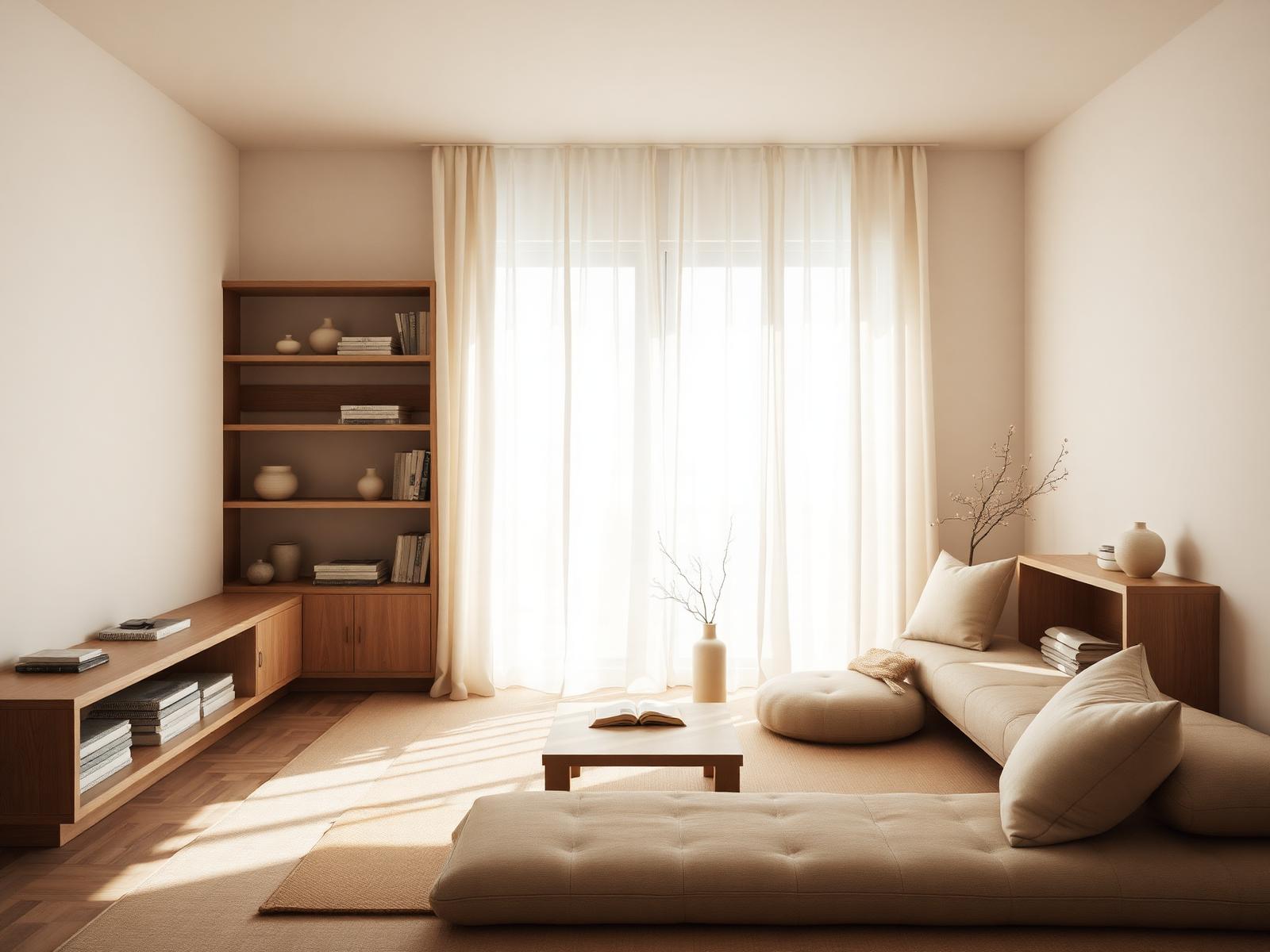A serene, beautifully organised Japandi living room bathed in soft morning light
